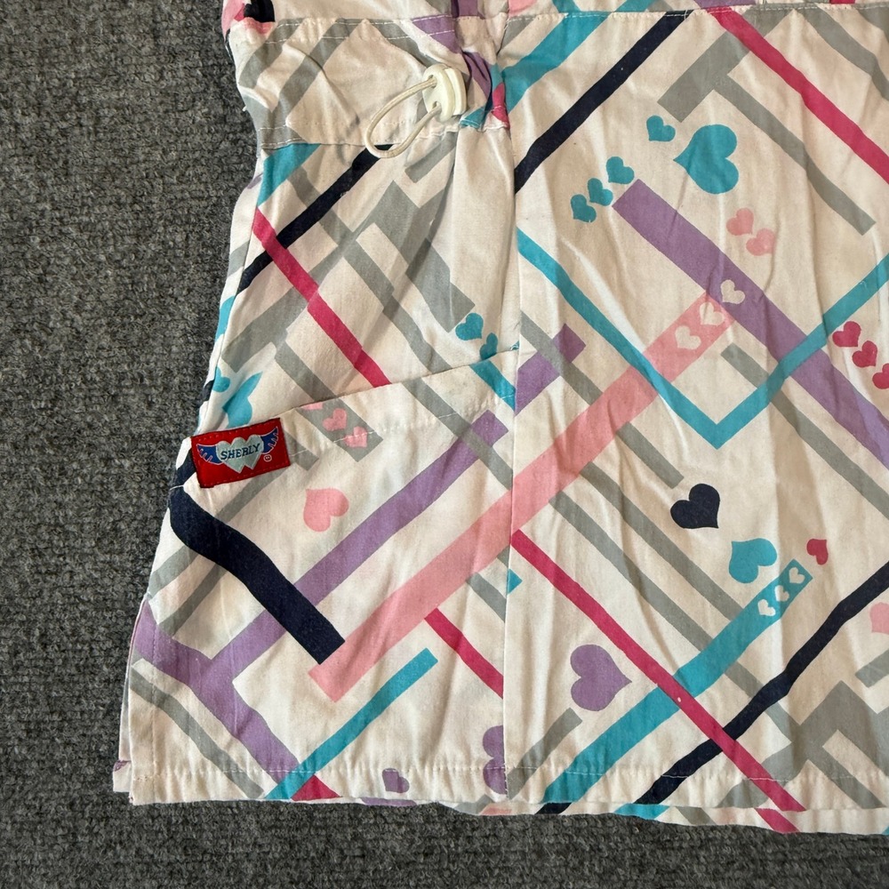 Sherly Uniforms Women Large Scrub Top Geometric Heart Print‎ V-Neck Pink Blue - Picture 3 of 7